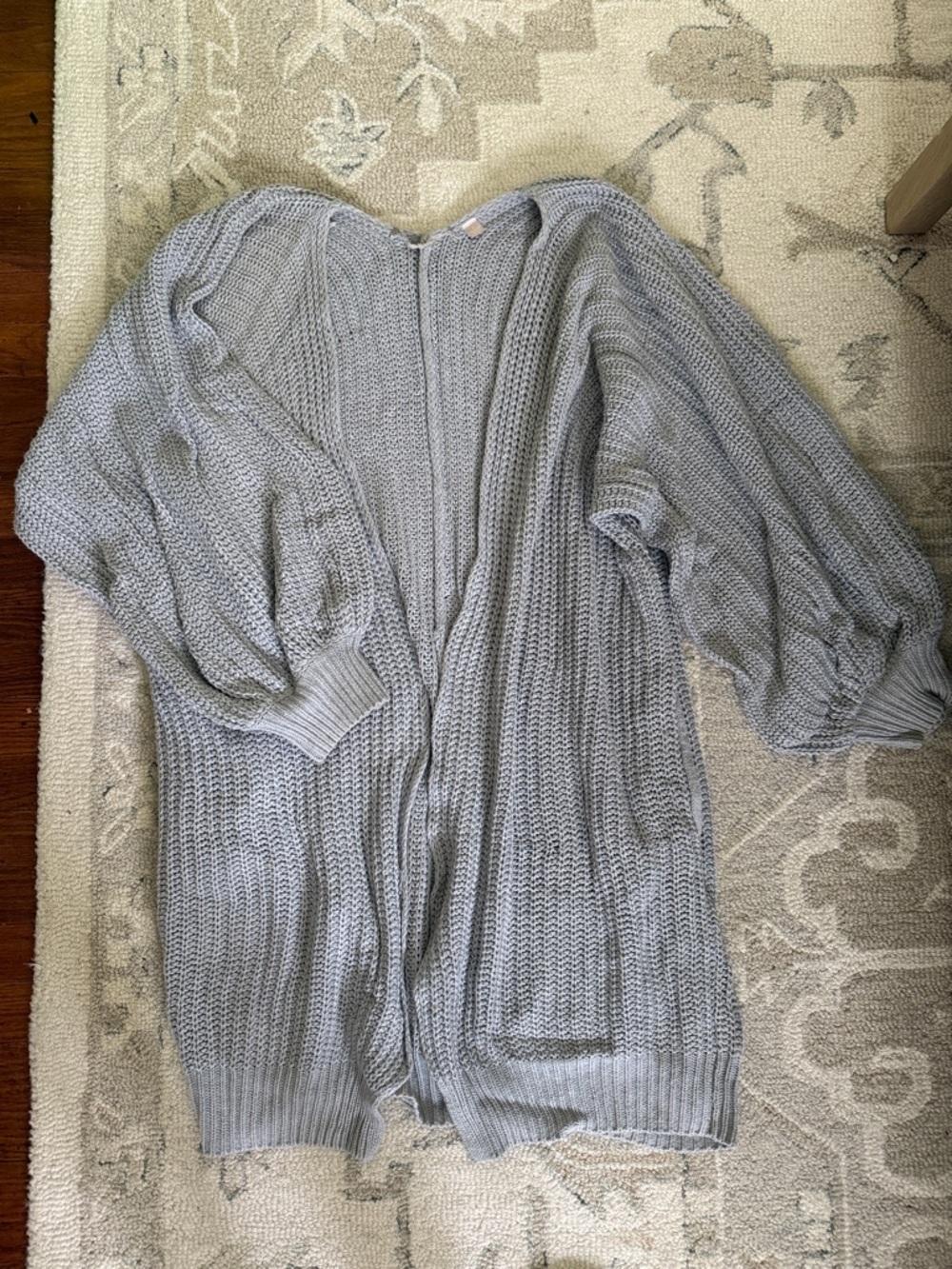 Cocoon Style Balloon Sleeve Knee Length Gray Knit Cardigan Sweater